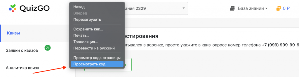 Изображение сайта с меню выбора поля «показать код»